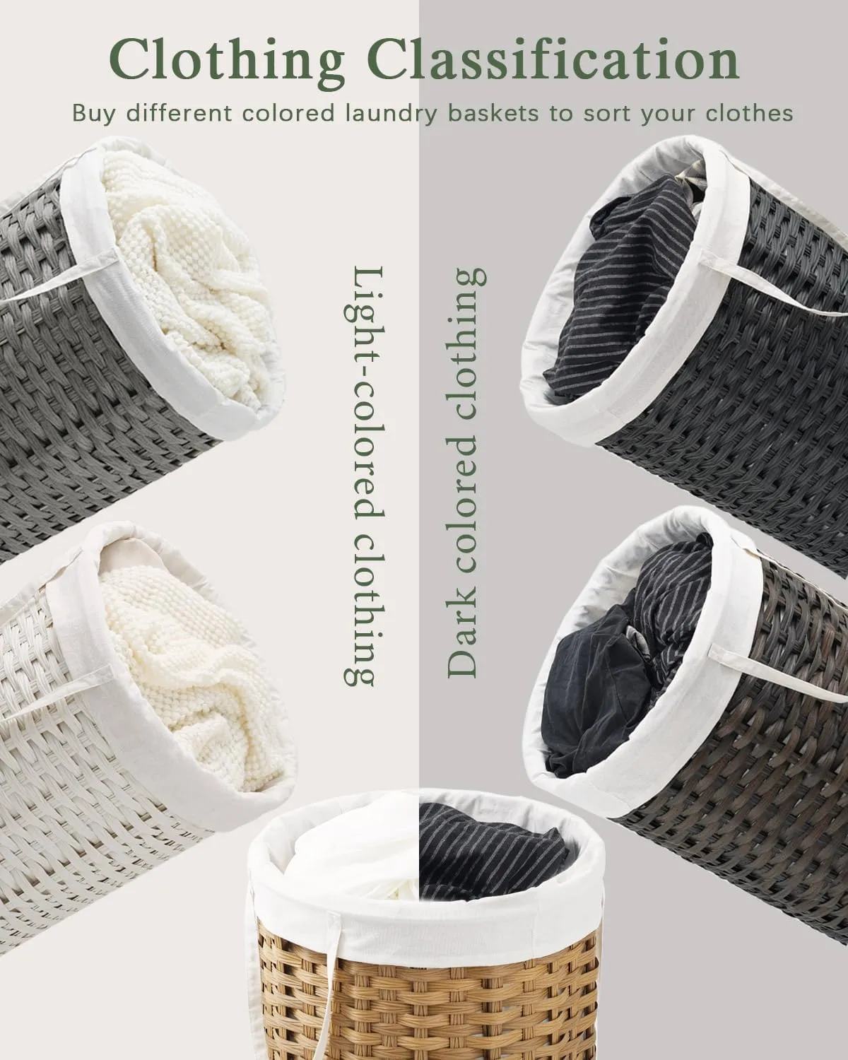 Large Laundry Hamper Laundry Basket Round 34.3 Gal (130 L) Handwoven Wicker Laundry Baskets Rattan Laundry Basket with Removable Bag Handles 2 Mesh Bags for Living Room Bedroom Gray