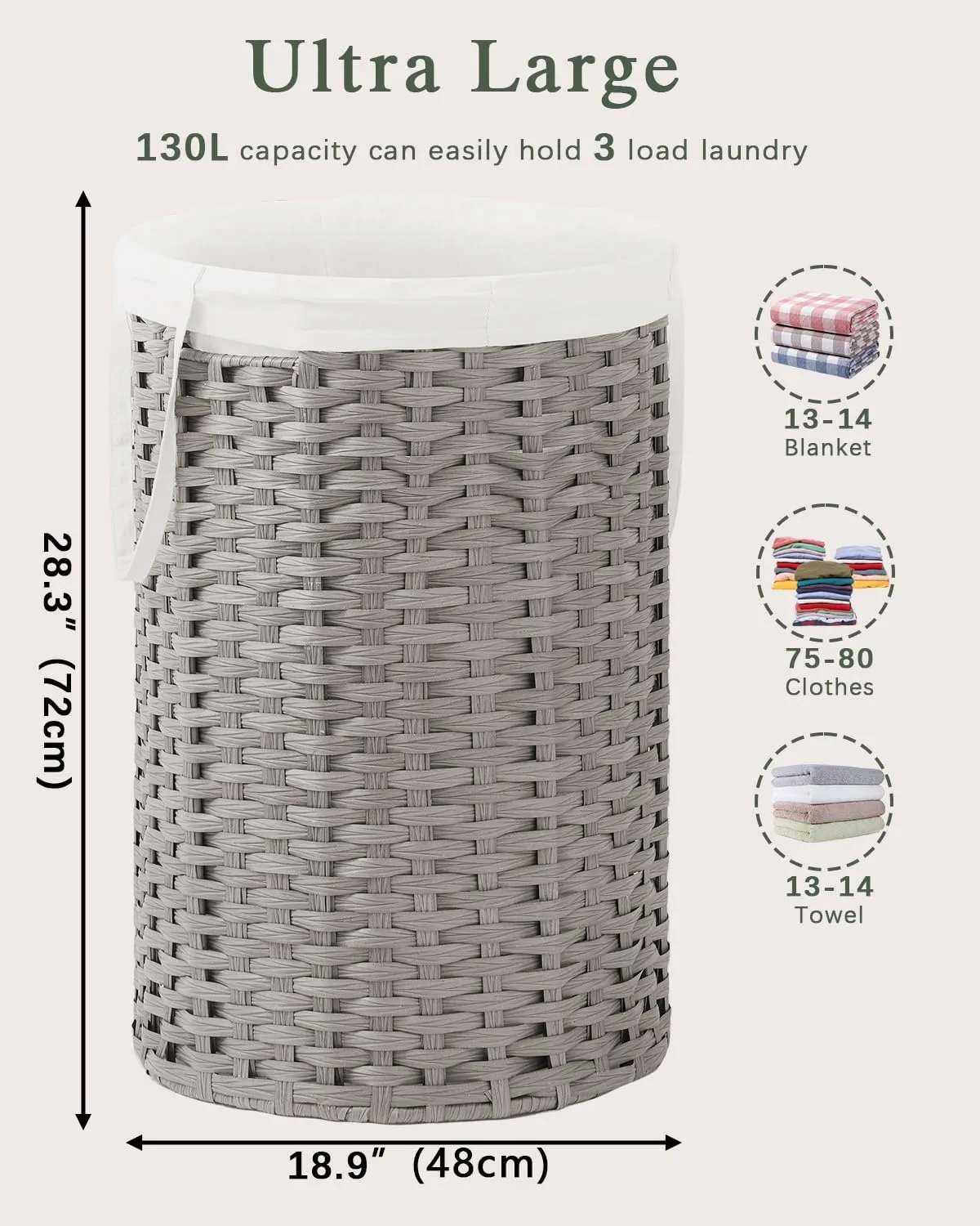 Large Laundry Hamper Laundry Basket Round 34.3 Gal (130 L) Handwoven Wicker Laundry Baskets Rattan Laundry Basket with Removable Bag Handles 2 Mesh Bags for Living Room Bedroom Gray
