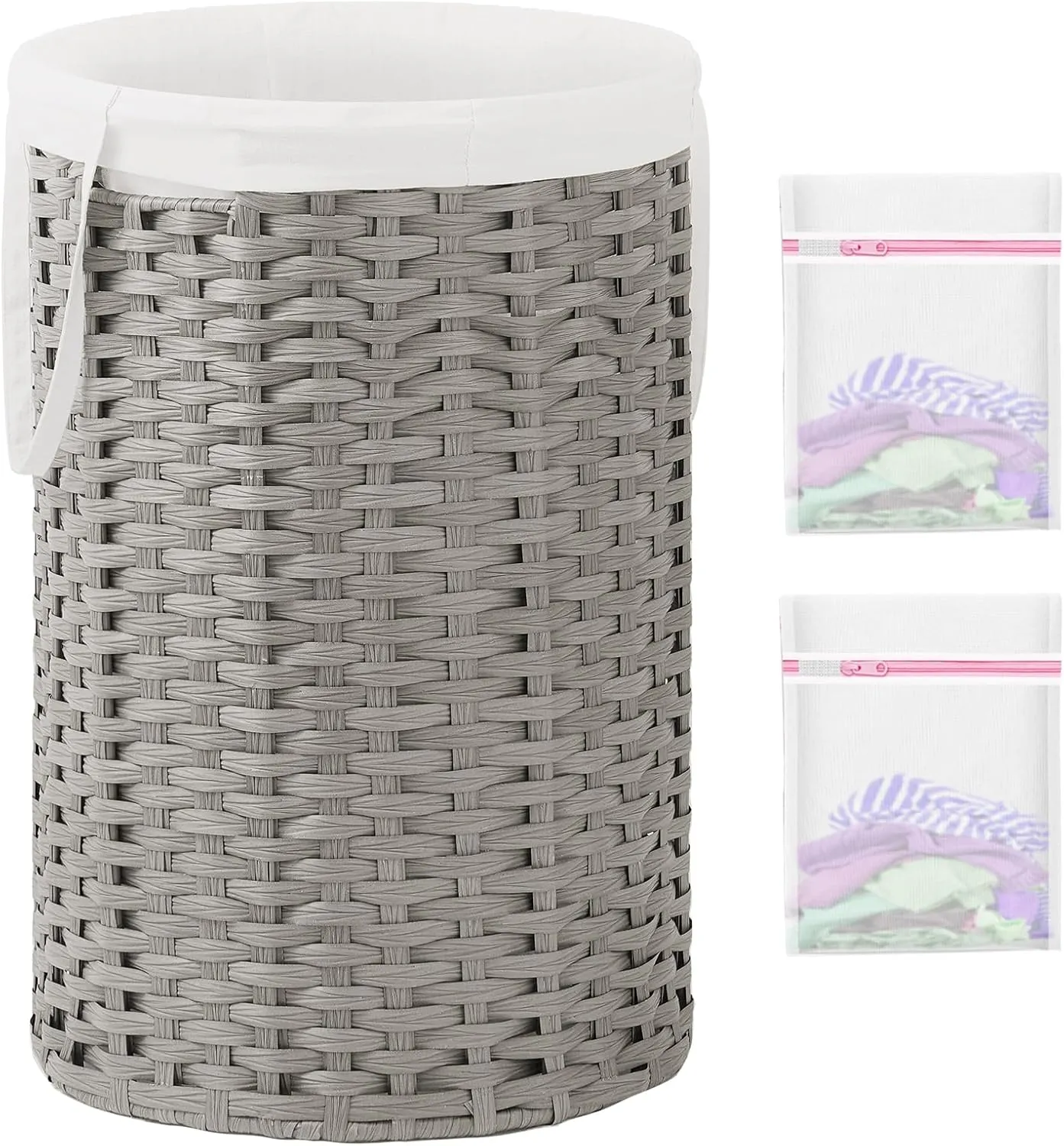 Large Laundry Hamper Laundry Basket Round 34.3 Gal (130 L) Handwoven Wicker Laundry Baskets Rattan Laundry Basket with Removable Bag Handles 2 Mesh Bags for Living Room Bedroom Gray