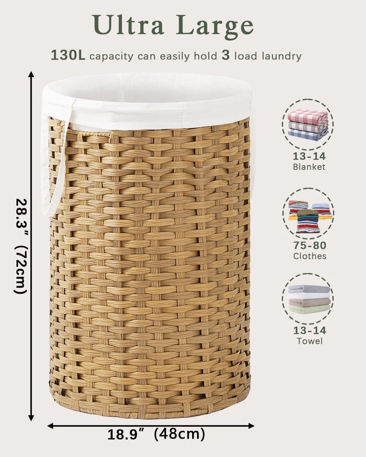 Large Laundry Hamper Laundry Basket Round 34.3 Gal (130 L) Handwoven Wicker Laundry Baskets Rattan Laundry Basket with Removable Bag Handles 2 Mesh Bags for Living Room Bedroom Natural