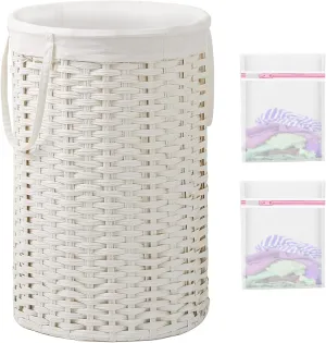 Large Laundry Hamper Laundry Basket Round 34.3 Gal (130 L) Handwoven Wicker Laundry Baskets Rattan Laundry Basket with Removable Bag Handles 2 Mesh Bags for Living Room Bedroom White