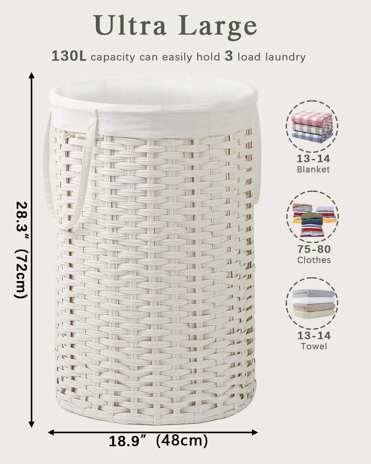 Large Laundry Hamper Laundry Basket Round 34.3 Gal (130 L) Handwoven Wicker Laundry Baskets Rattan Laundry Basket with Removable Bag Handles 2 Mesh Bags for Living Room Bedroom White