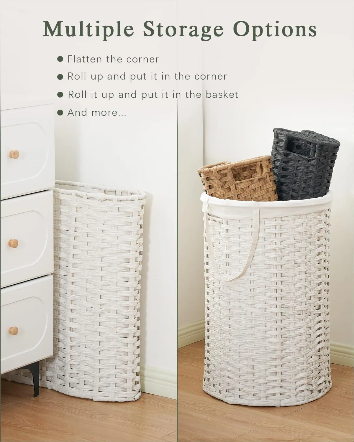 Large Laundry Hamper Laundry Basket Round 34.3 Gal (130 L) Handwoven Wicker Laundry Baskets Rattan Laundry Basket with Removable Bag Handles 2 Mesh Bags for Living Room Bedroom White