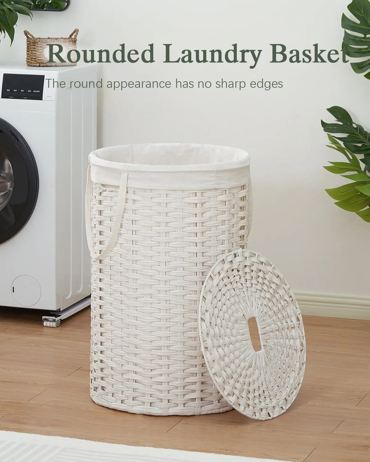 Large Laundry Hamper Laundry Basket Round 34.3 Gal (130 L) Handwoven Wicker Laundry Baskets Rattan Laundry Basket with Removable Bag Handles 2 Mesh Bags for Living Room Bedroom White