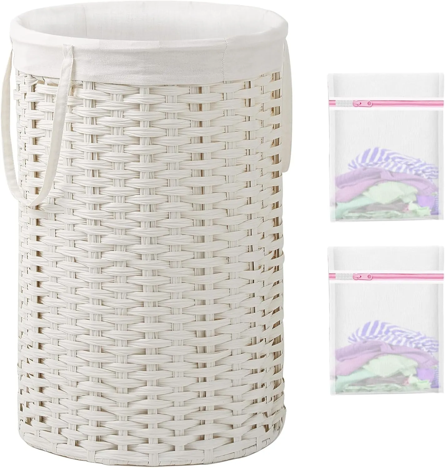 Large Laundry Hamper Laundry Basket Round 34.3 Gal (130 L) Handwoven Wicker Laundry Baskets Rattan Laundry Basket with Removable Bag Handles 2 Mesh Bags for Living Room Bedroom White
