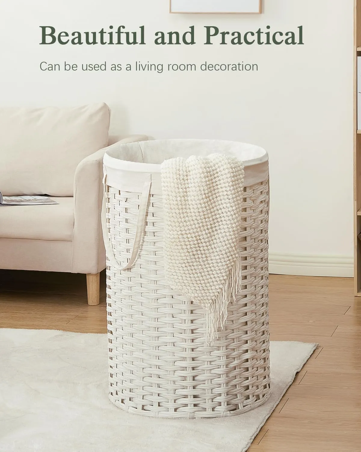 Large Laundry Hamper Laundry Basket Round 34.3 Gal (130 L) Handwoven Wicker Laundry Baskets Rattan Laundry Basket with Removable Bag Handles 2 Mesh Bags for Living Room Bedroom White
