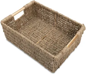 Large Natural Wicker Basket Rectangular with Wooden Handles, Seagrass Storage for Organizing, Shelves 15.5 x 10.6 x 5.5 inches
