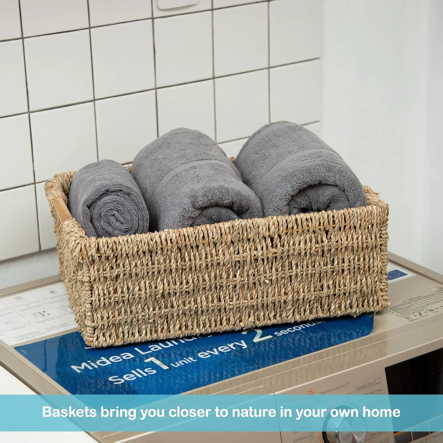 Large Natural Wicker Basket Rectangular with Wooden Handles, Seagrass Storage for Organizing, Shelves 15.5 x 10.6 x 5.5 inches