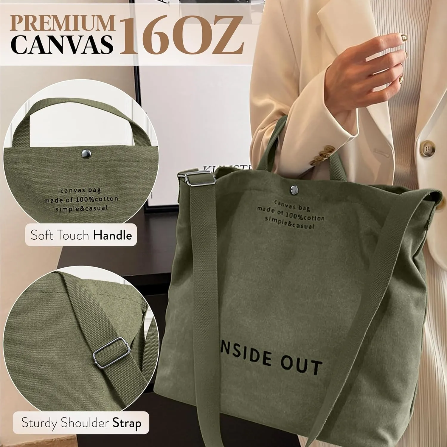Large Tote Bag for Women, Canvas Bag Women Gift, Fashion Crossbody 16oz 100% Cotton Bag, Large Capacity Shoulder Bag
