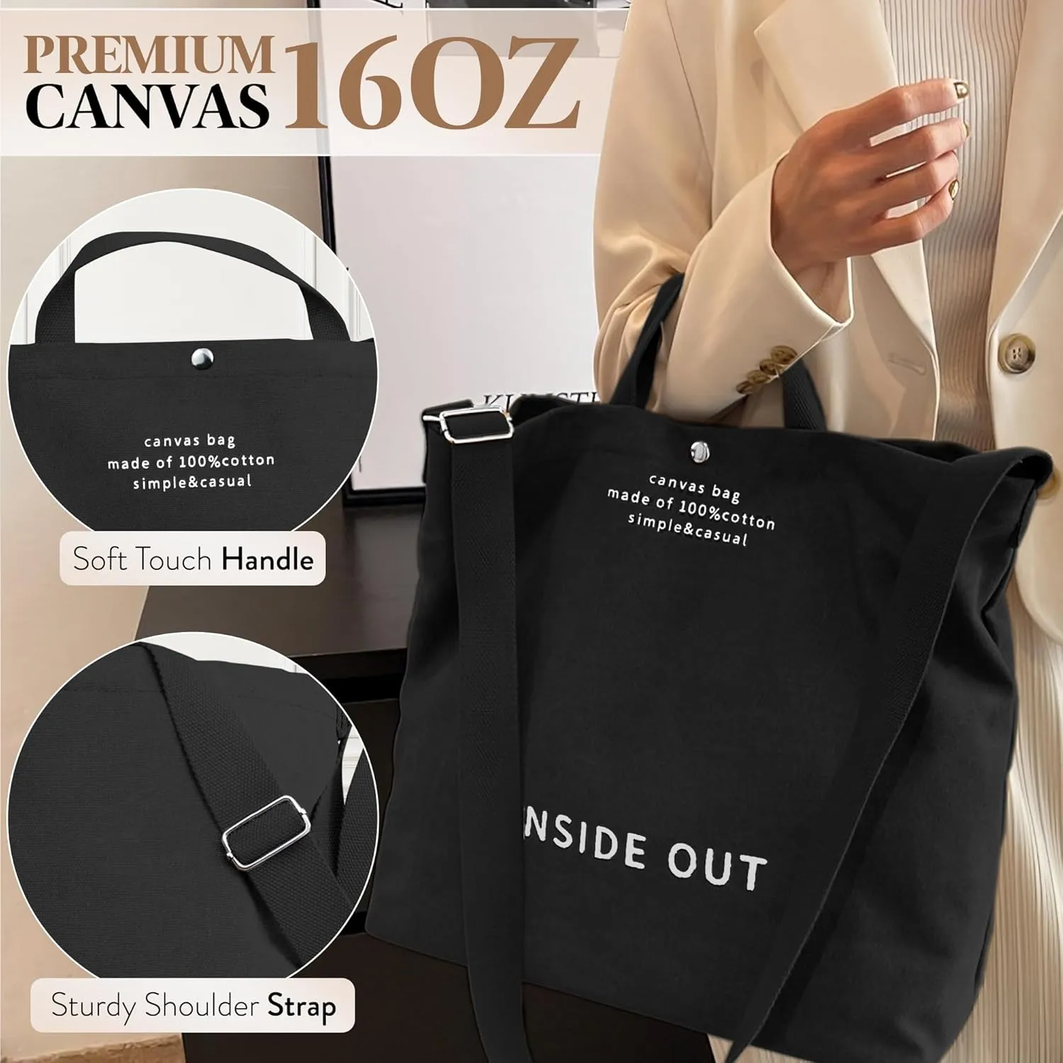 Large Tote Bag for Women, Canvas Bag Women Gift, Fashion Crossbody 16oz 100% Cotton Bag, Large Capacity Shoulder Bag