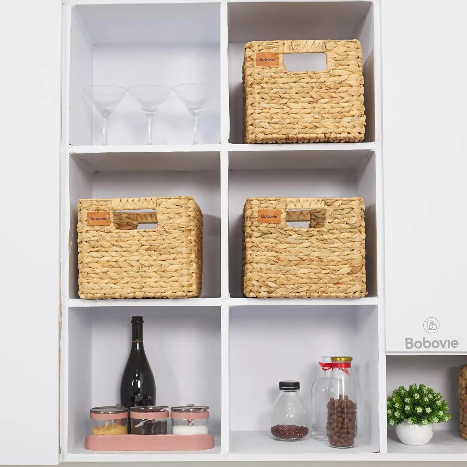 Large Wicker Storage Baskets, Set of 3, Water Hyacinth Basket Organizer, 14.2x10.2x8.7H Inches -Great Storage Solution for Shelf and Pantry Storage