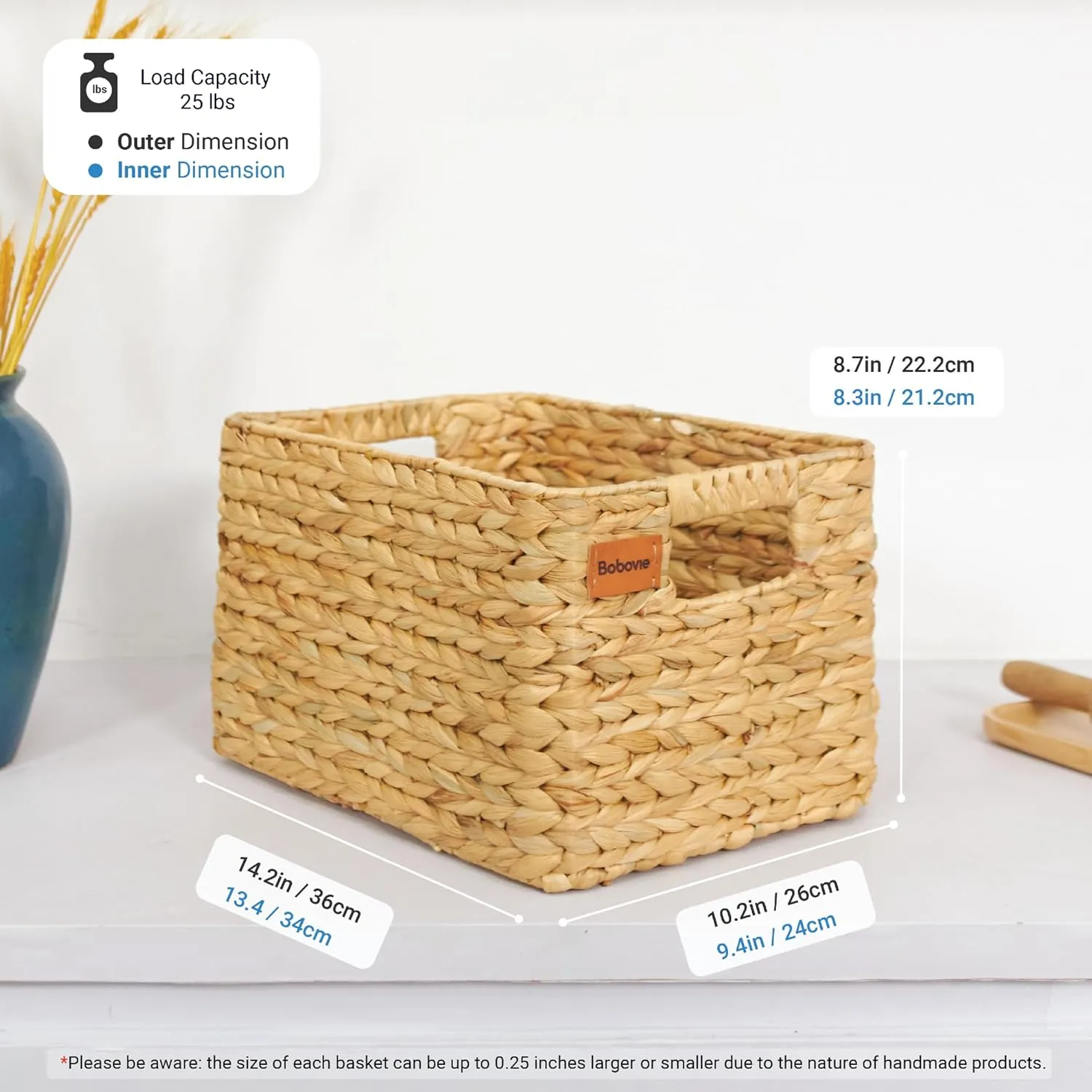 Large Wicker Storage Baskets, Set of 3, Water Hyacinth Basket Organizer, 14.2x10.2x8.7H Inches -Great Storage Solution for Shelf and Pantry Storage