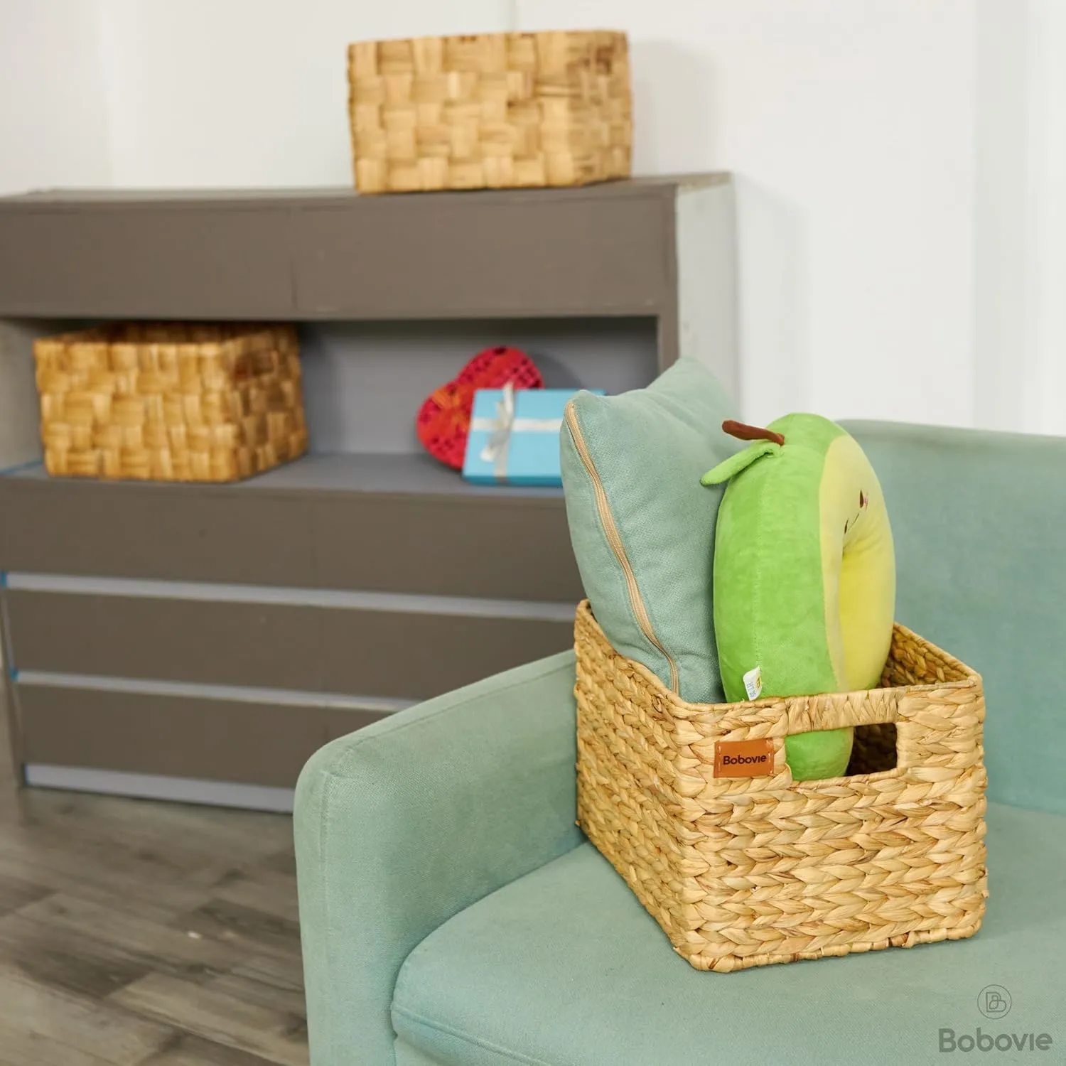 Large Wicker Storage Baskets, Set of 3, Water Hyacinth Basket Organizer, 14.2x10.2x8.7H Inches -Great Storage Solution for Shelf and Pantry Storage