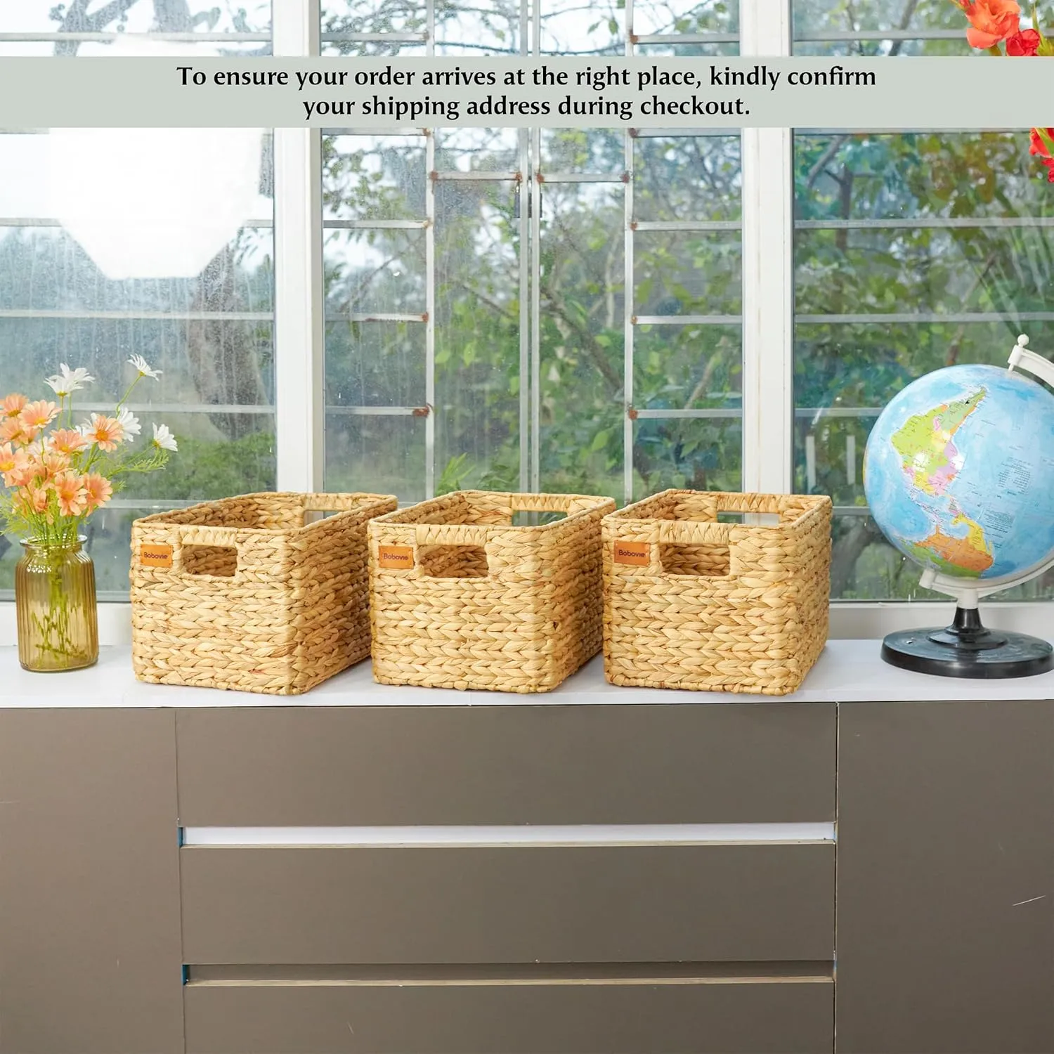 Large Wicker Storage Baskets, Set of 3, Water Hyacinth Basket Organizer, 14.2x10.2x8.7H Inches -Great Storage Solution for Shelf and Pantry Storage