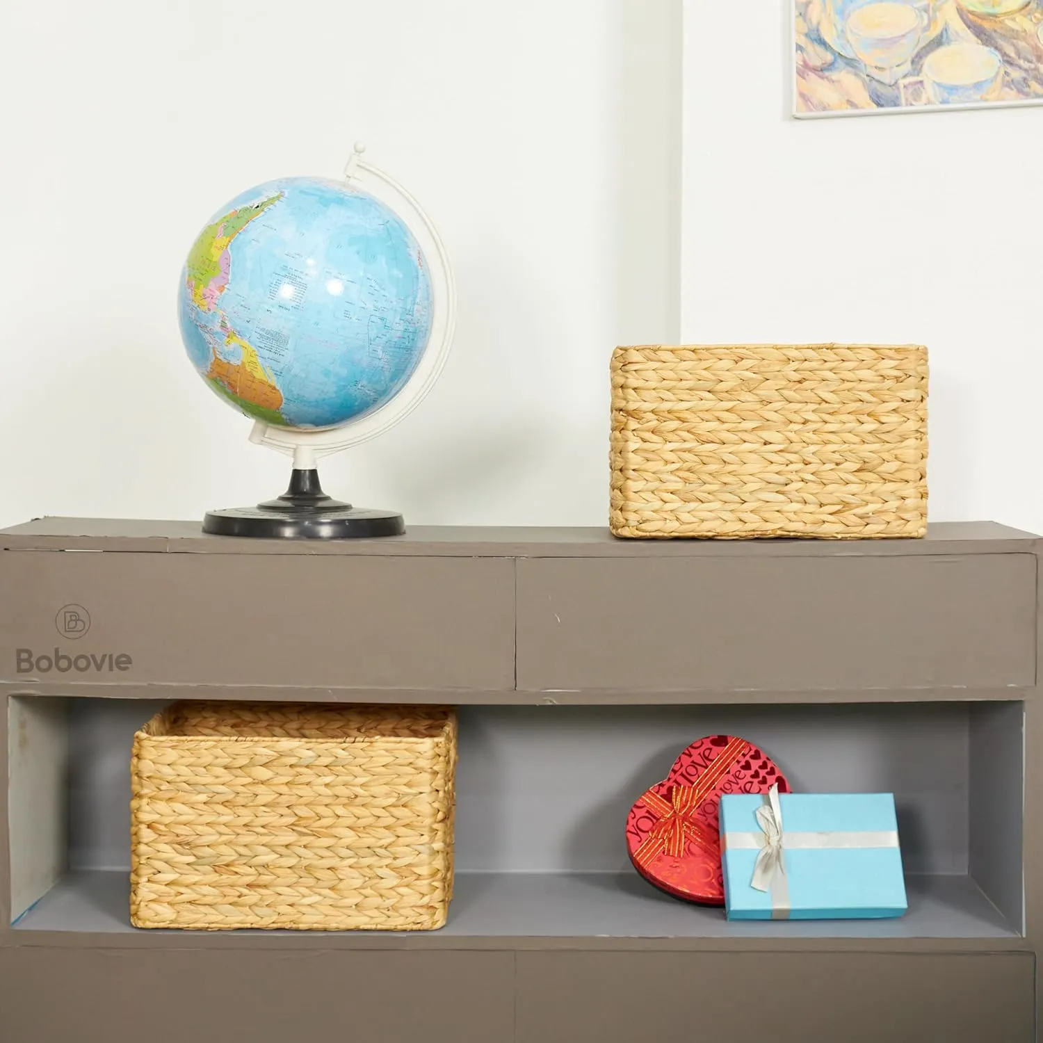 Large Wicker Storage Baskets, Set of 3, Water Hyacinth Basket Organizer, 14.2x10.2x8.7H Inches -Great Storage Solution for Shelf and Pantry Storage