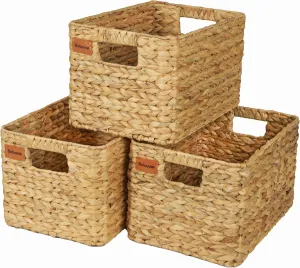 Large Wicker Storage Baskets, Set of 3, Water Hyacinth Basket Organizer, 14.2x10.2x8.7H Inches -Great Storage Solution for Shelf and Pantry Storage