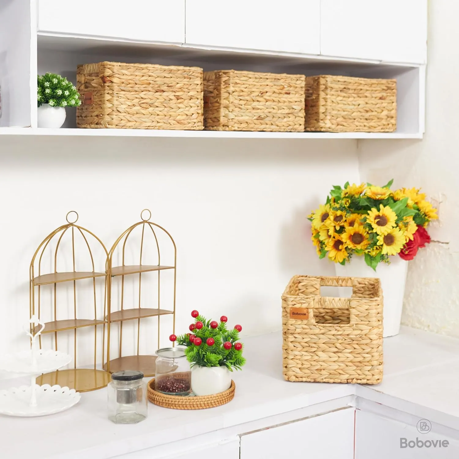 Large Wicker Storage Baskets, Set of 3, Water Hyacinth Basket Organizer, 14.2x10.2x8.7H Inches -Great Storage Solution for Shelf and Pantry Storage