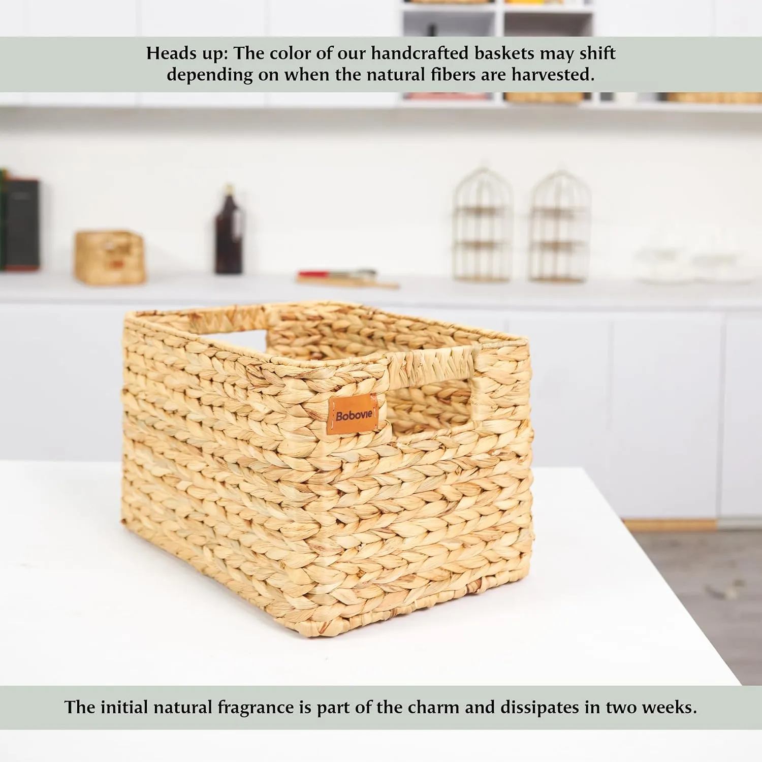 Large Wicker Storage Baskets, Set of 3, Water Hyacinth Basket Organizer, 14.2x10.2x8.7H Inches -Great Storage Solution for Shelf and Pantry Storage