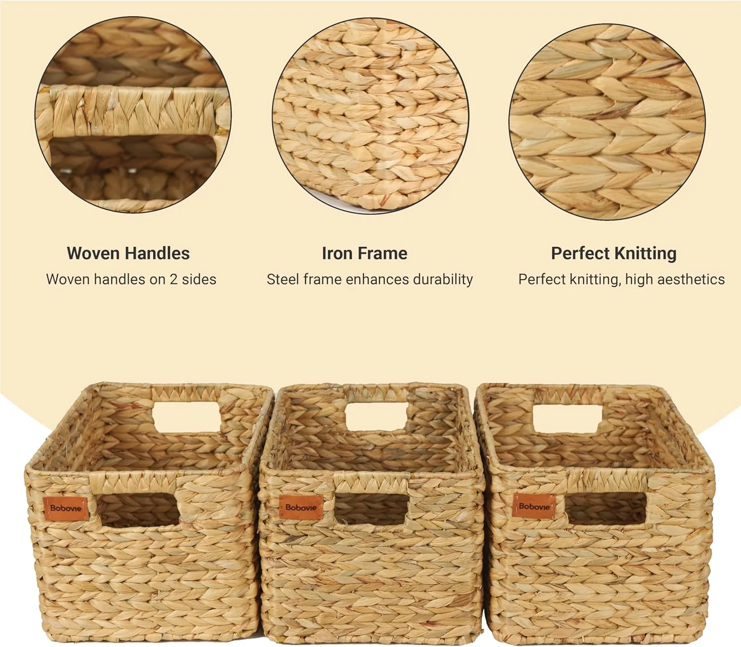 Large Wicker Storage Baskets, Set of 3, Water Hyacinth Basket Organizer, 14.2x10.2x8.7H Inches -Great Storage Solution for Shelf and Pantry Storage