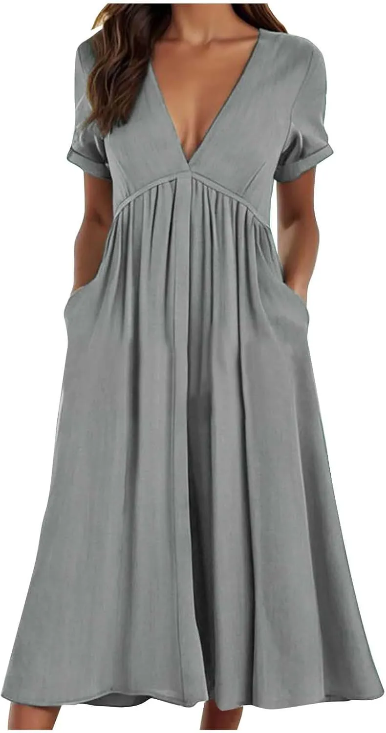 Lastesso Sundresses for Women 2024 Deep V Neck Short Dresses with Pockets High Waist Lightweight Cotton Linen Summer Dresses