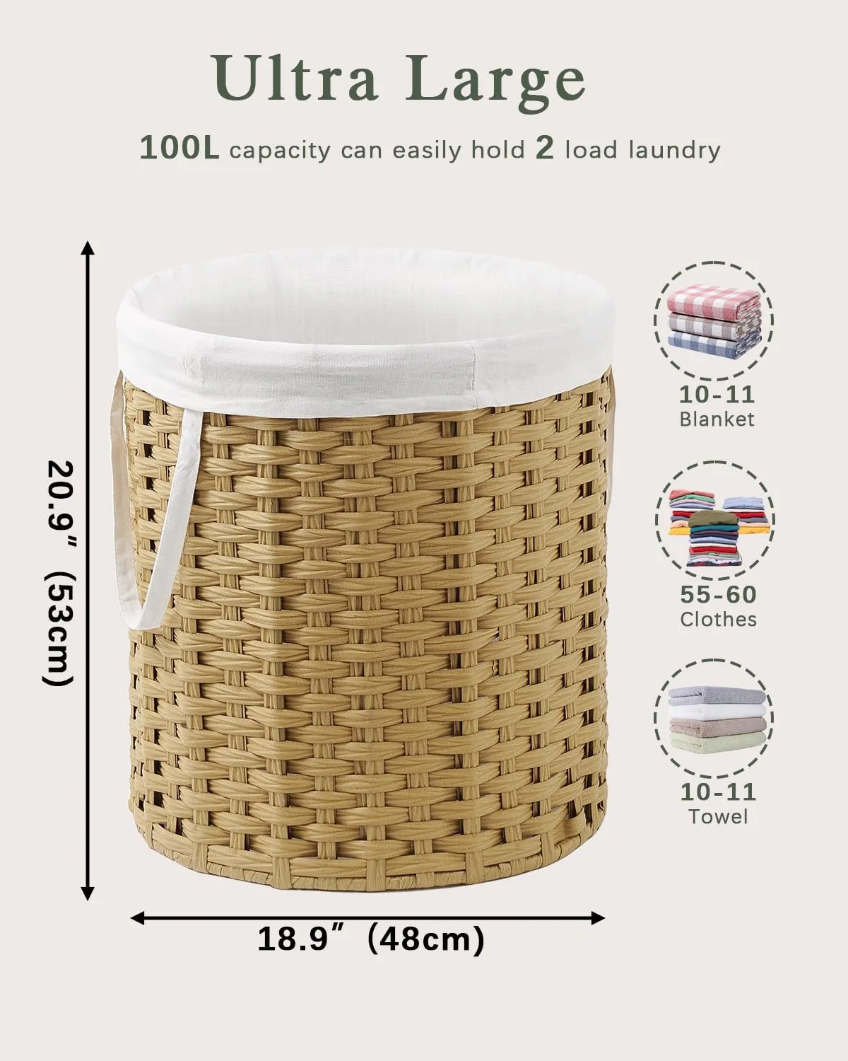 Laundry Hamper Round 26.5 Gal (100L) Handwoven Rattan Laundry Basket, Large Wicker Laundry Hamper with Removable Laundry Bag Handles 2 Mesh Bags for Bathroom Living Room Natural