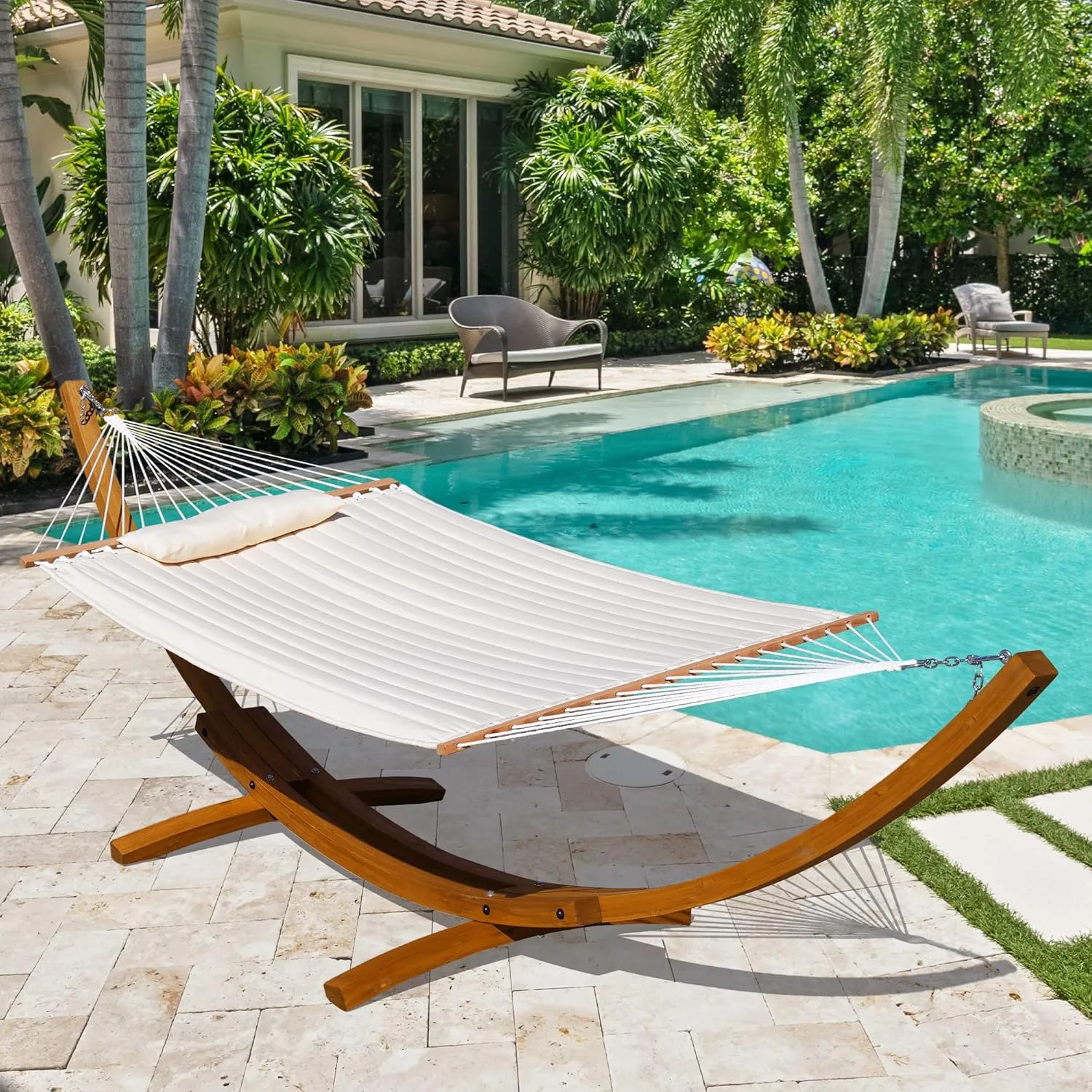 Lazy Daze Hammocks 12 FT Double Quilted Fabric Hammock and 13 FT Brown Wooden Arc Stand, with Spreader Bar, Removable Pillow, 2 Person Hammock for Outdoor Patio Poolside, 450 lb Capacity, Brown