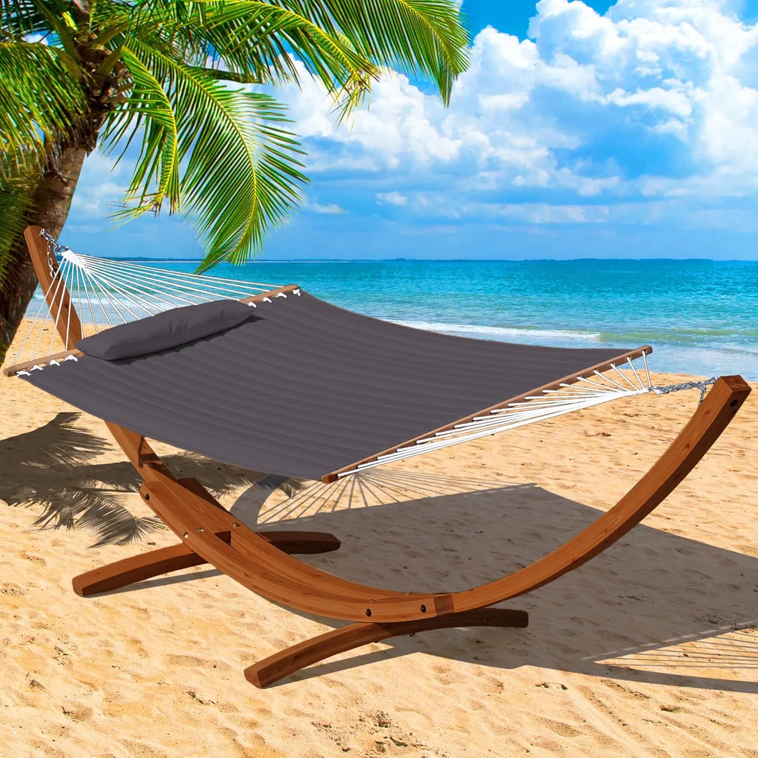 Lazy Daze Hammocks 12 FT Double Quilted Fabric Hammock and 13 FT Brown Wooden Arc Stand, with Spreader Bar, Removable Pillow, 2 Person Hammock for Outdoor Patio Poolside, 450 lb Capacity, Dark Gray