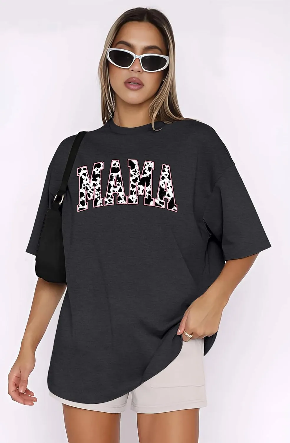 LAZYCHILD Mama Oversized Shirts for Women: Mom Oversized Graphic T-Shirt Mama Letter Print Short Sleeve Tops