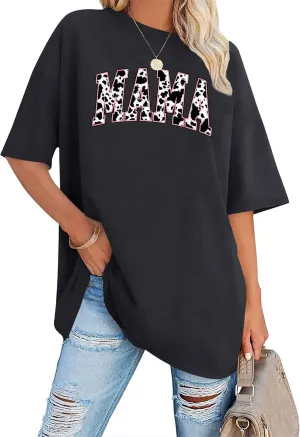 LAZYCHILD Mama Oversized Shirts for Women: Mom Oversized Graphic T-Shirt Mama Letter Print Short Sleeve Tops