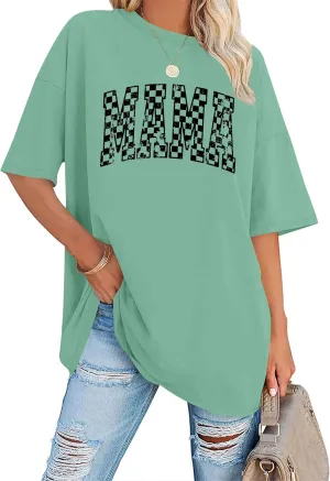 LAZYCHILD Mama Oversized Shirts for Women: Mom Oversized Graphic T-Shirt Mama Letter Print Short Sleeve Tops