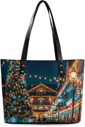 Leather Tote Bag for Women Shoulder Travel Purses Handbags The Glowing Christmas Tree Aesthetic Shopping Bags Ladies