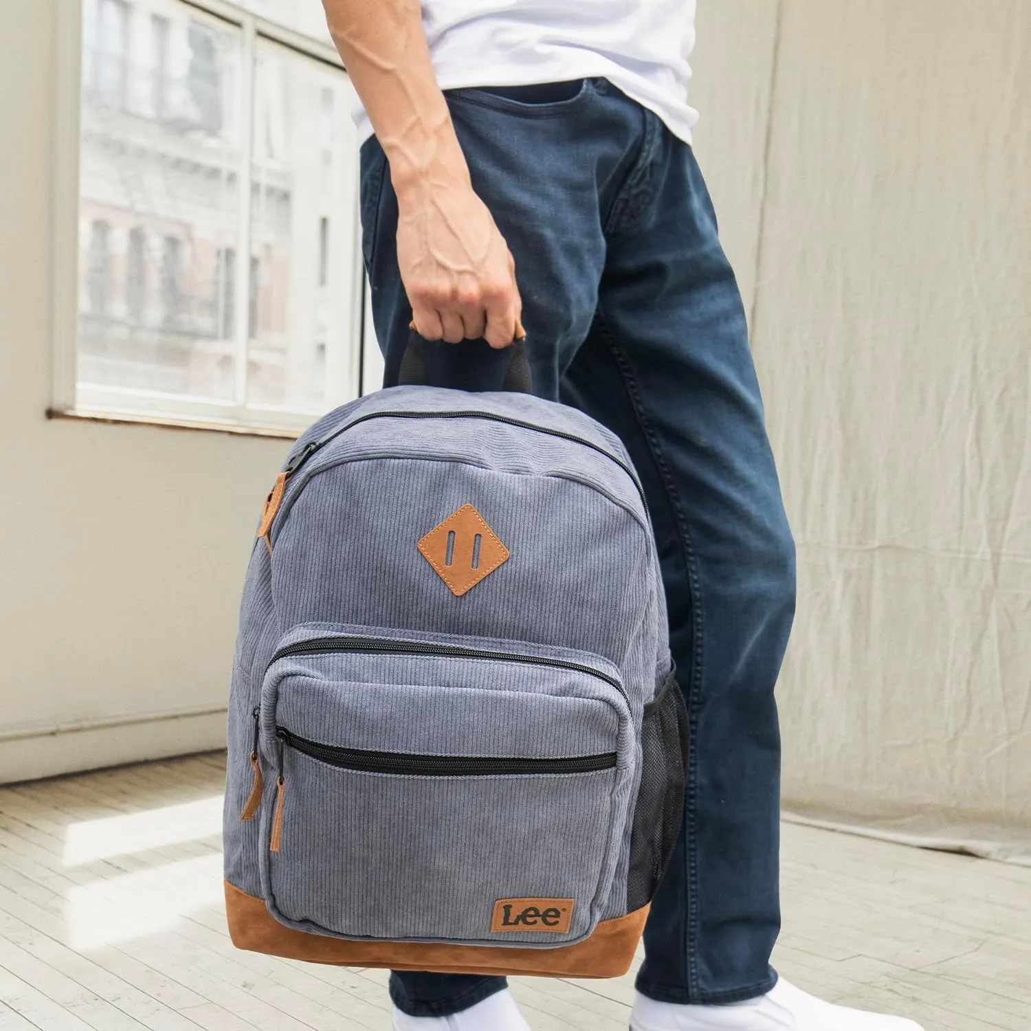 Lee Authentic Jeans Company Study Backpack for Class, Padded Laptop Sleeve Fits 15.6 Inch Notebook (Grey Corduroy)