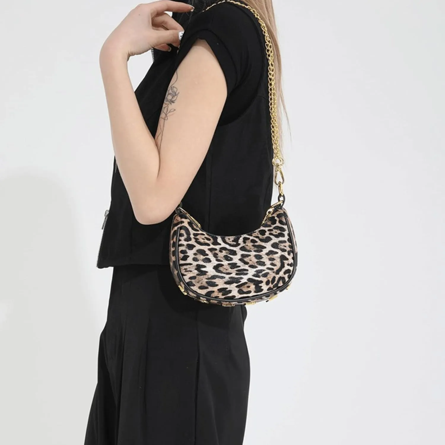 Leopard Purse Fringe Cheetah Print Shoulder Bag Crossbody Y2K Mini Handbag Wedding Evening Bag with Gold Chain for Women
