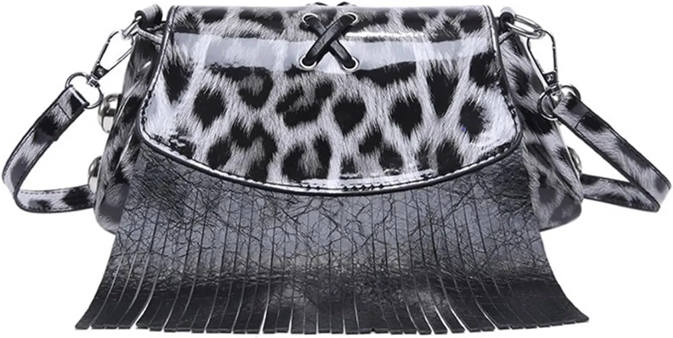 Leopard Purse Fringe Cheetah Print Shoulder Bag Faux Leather Crossbody Purse with Tassels Y2K Mini Handbag for Party