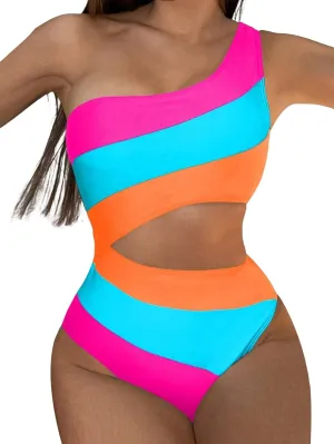 Leoparts Women's Color Block One Piece Swimsuits Monokini One Shoulder Cutout High Cut Bathing Suits Beachwear