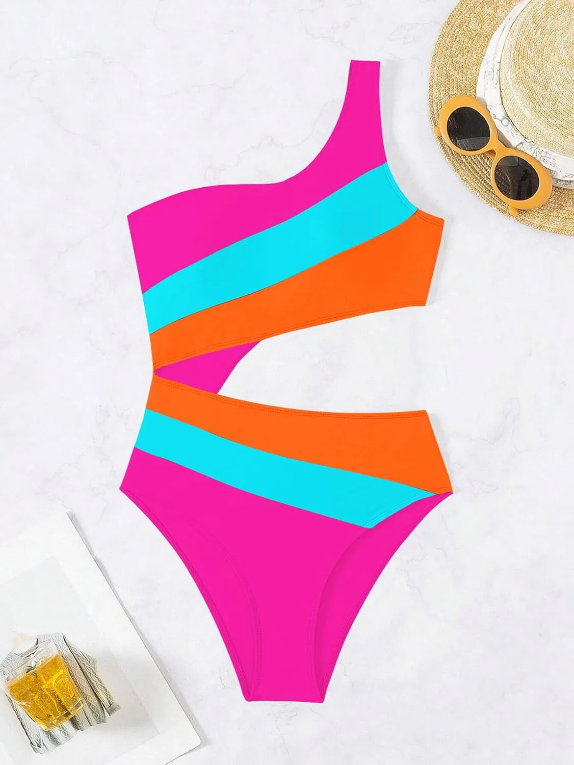 Leoparts Women's Color Block One Piece Swimsuits Monokini One Shoulder Cutout High Cut Bathing Suits Beachwear