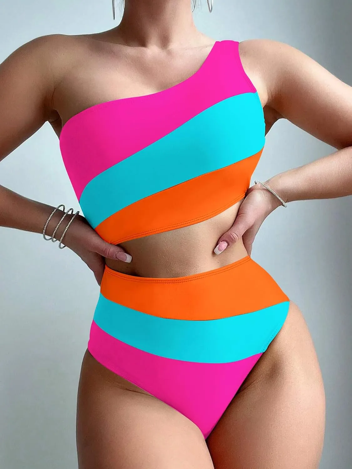 Leoparts Women's Color Block One Piece Swimsuits Monokini One Shoulder Cutout High Cut Bathing Suits Beachwear