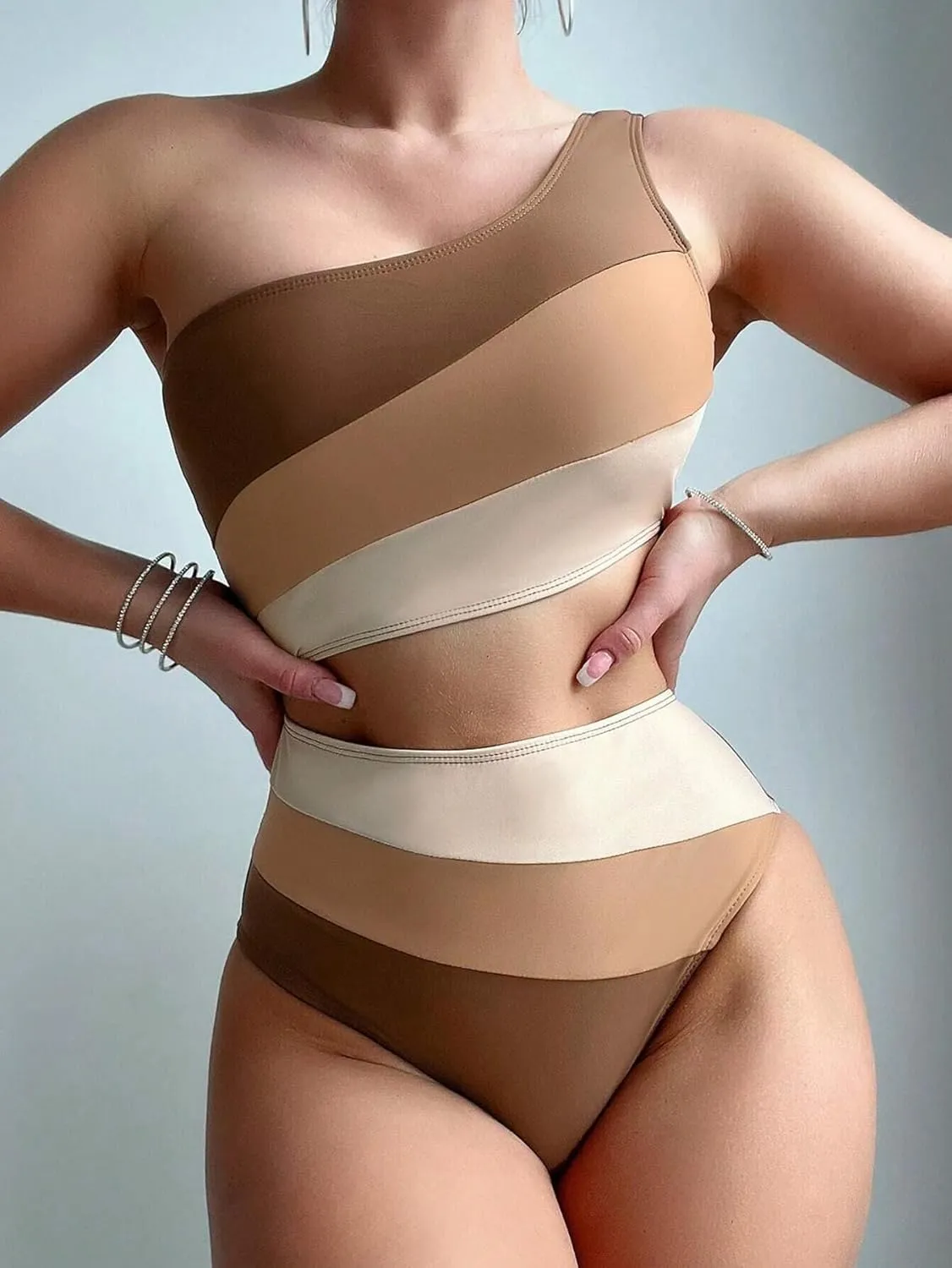 Leoparts Women's Color Block One Piece Swimsuits Monokini One Shoulder Cutout High Cut Bathing Suits Beachwear
