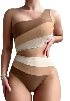 Leoparts Women's Color Block One Piece Swimsuits Monokini One Shoulder Cutout High Cut Bathing Suits Beachwear