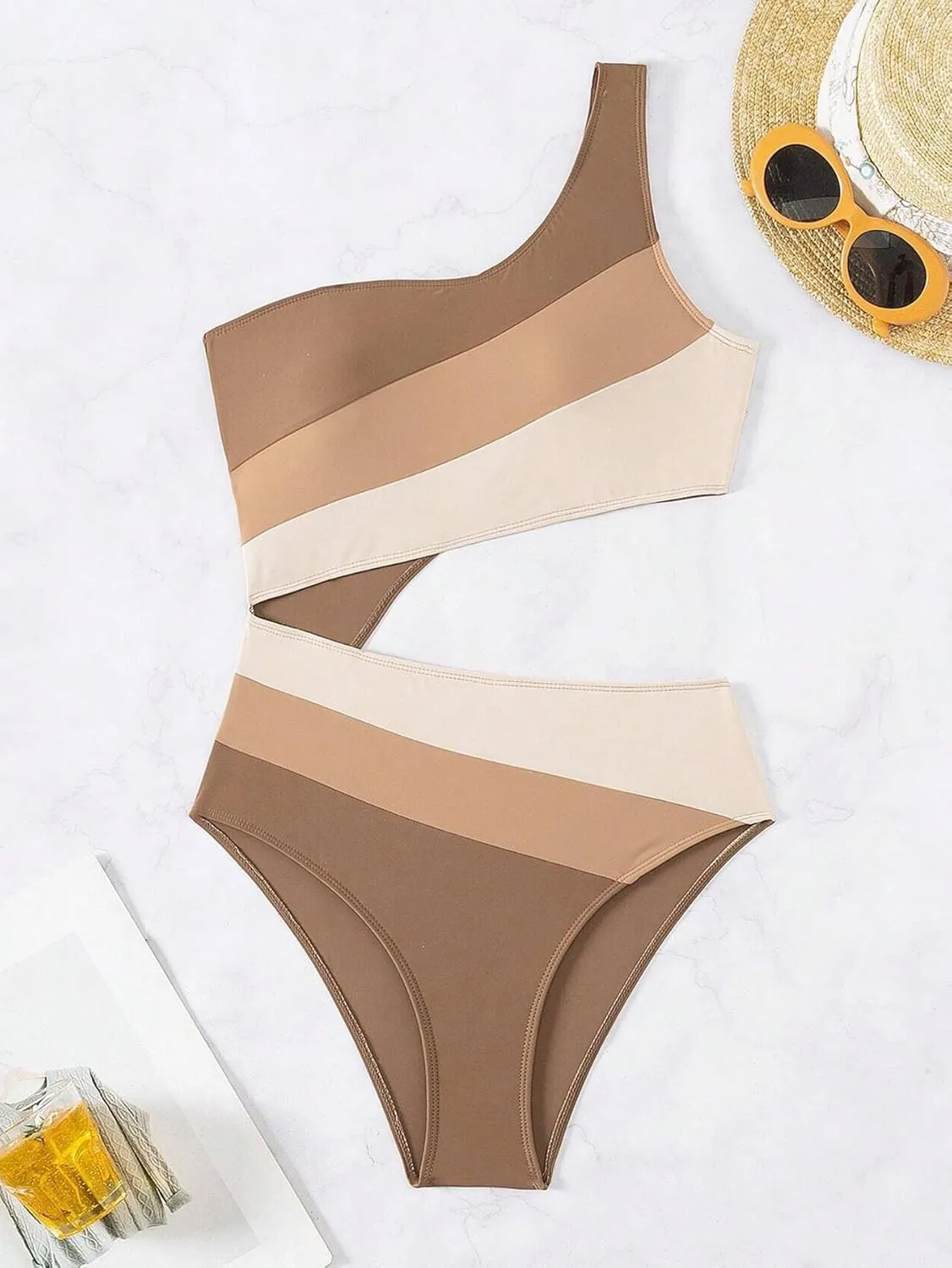 Leoparts Women's Color Block One Piece Swimsuits Monokini One Shoulder Cutout High Cut Bathing Suits Beachwear