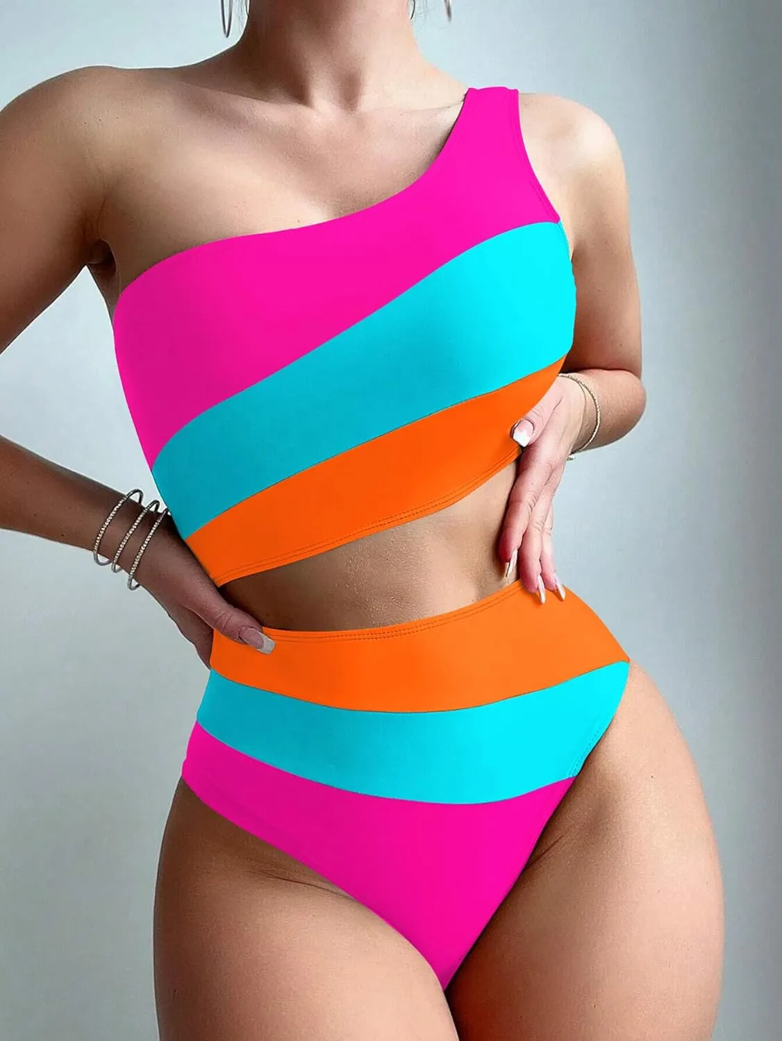 Leoparts Women's Color Block One Piece Swimsuits Monokini One Shoulder Cutout High Cut Bathing Suits Beachwear