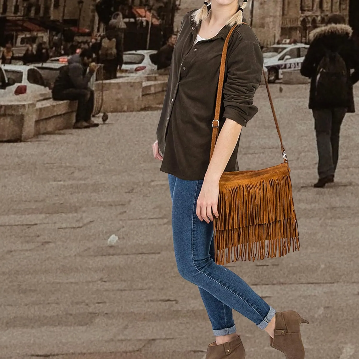 LiaTalia Womens Fringe Handbag - Real Italian Suede Leather - Tassle Effect Shoulder Bag in Medium Size - Ashley