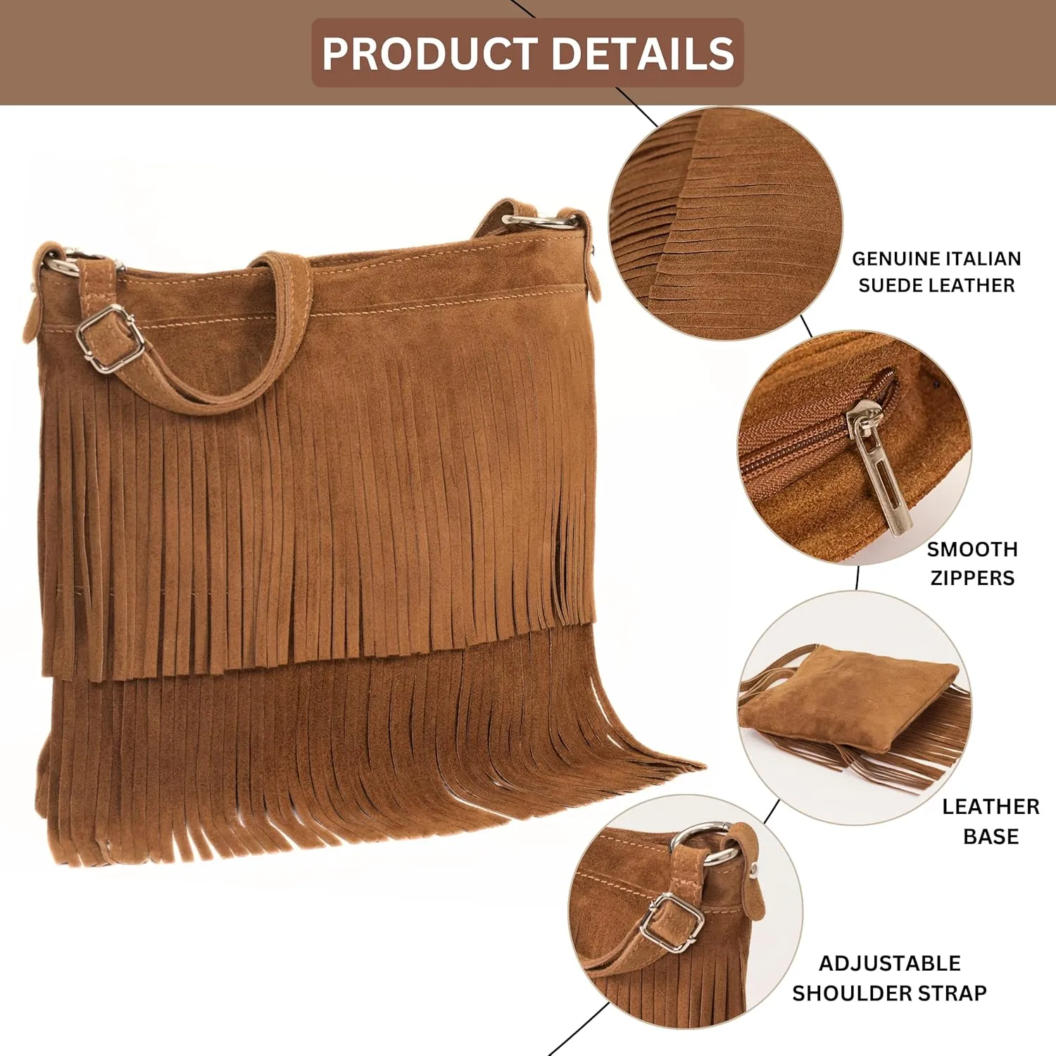 LiaTalia Womens Fringe Handbag - Real Italian Suede Leather - Tassle Effect Shoulder Bag in Medium Size - Ashley
