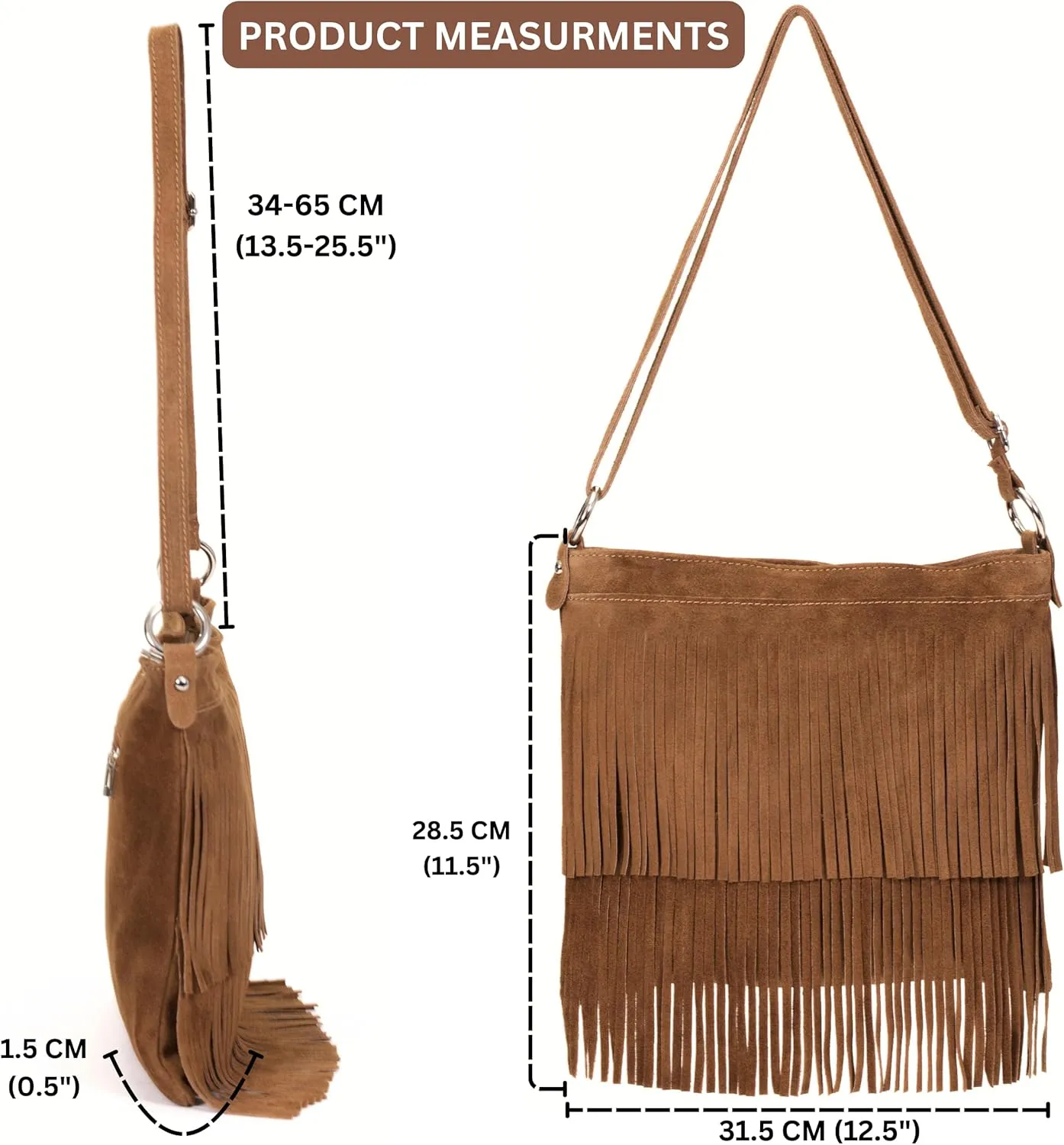 LiaTalia Womens Fringe Handbag - Real Italian Suede Leather - Tassle Effect Shoulder Bag in Medium Size - Ashley