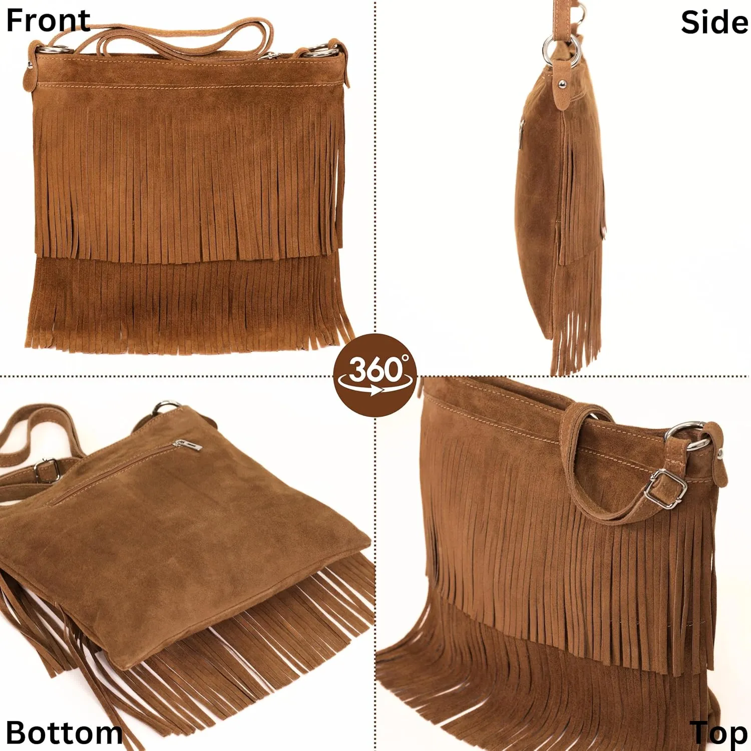 LiaTalia Womens Fringe Handbag - Real Italian Suede Leather - Tassle Effect Shoulder Bag in Medium Size - Ashley