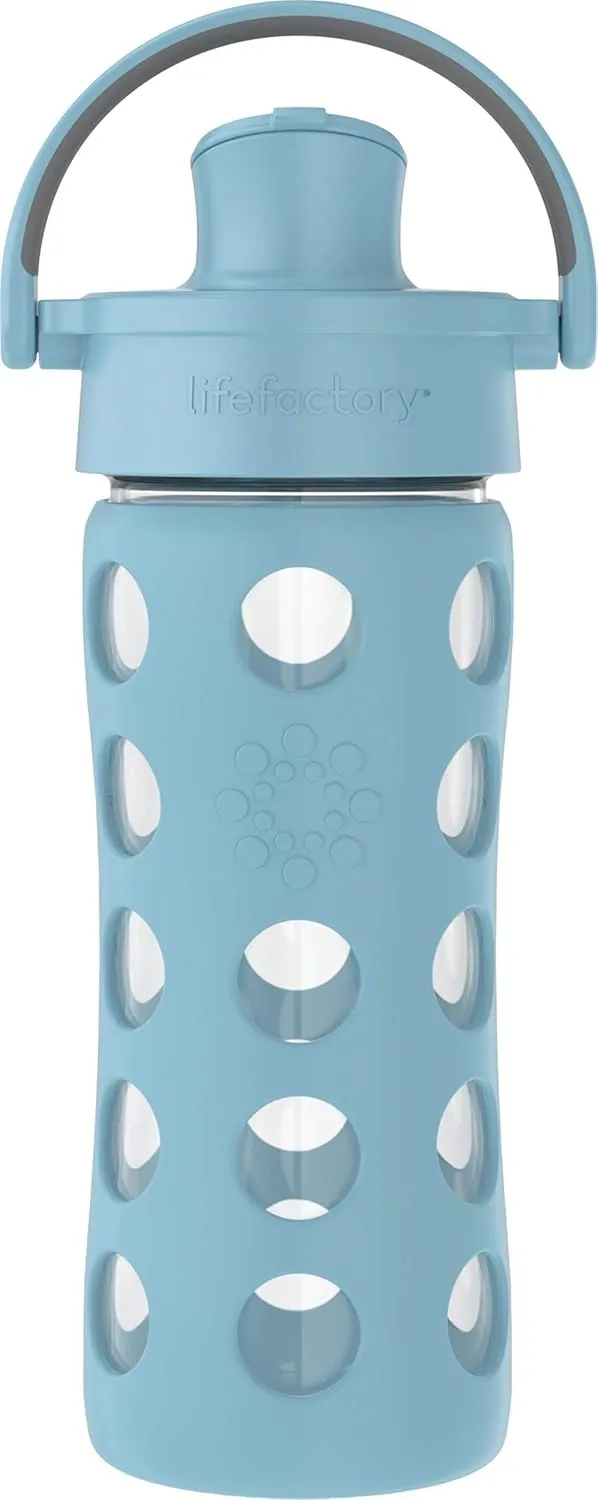 Lifefactory 12-Ounce Glass Water Bottle with Active Flip Cap and Protective Silicone Sleeve, Denim