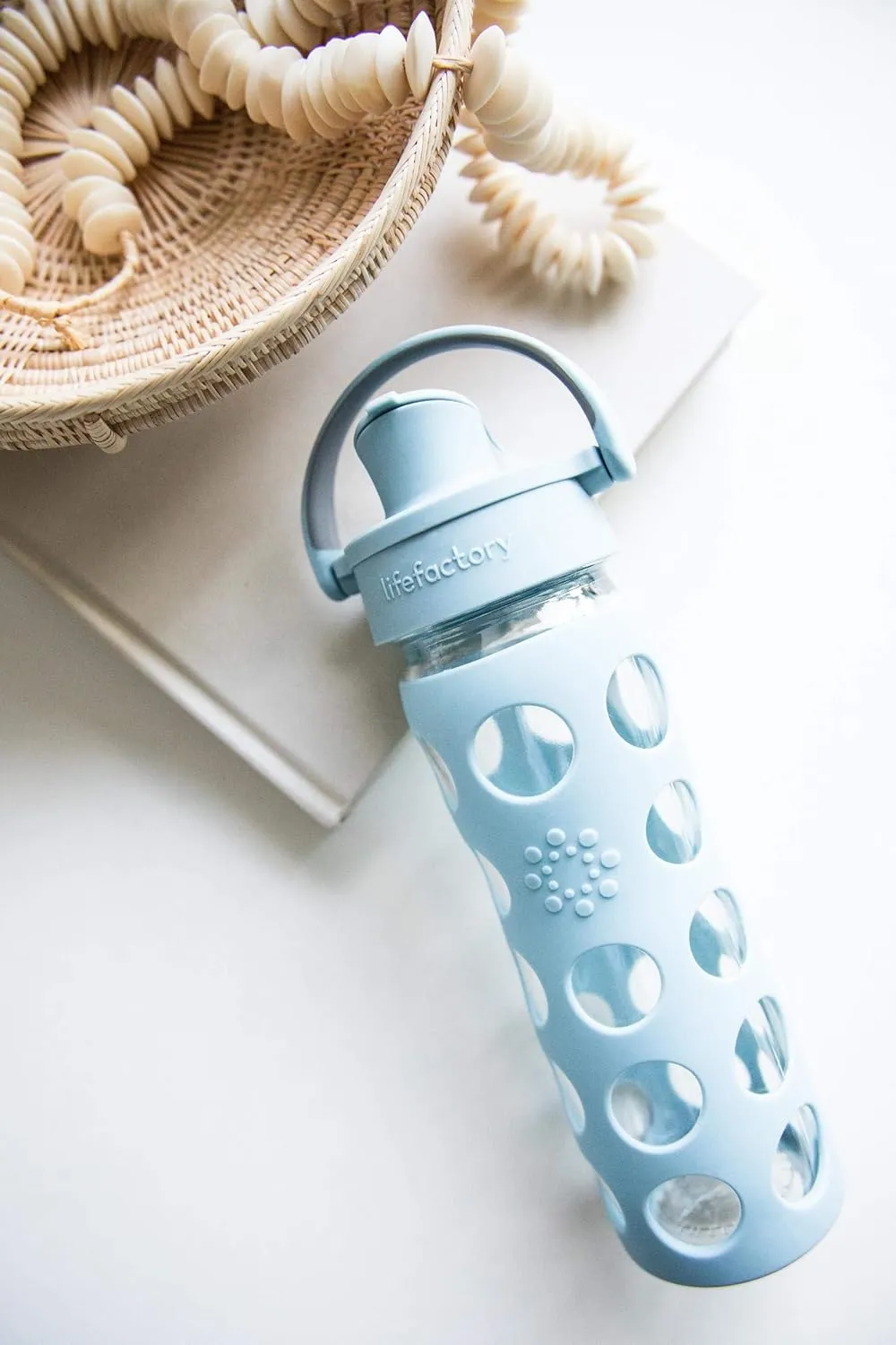 Lifefactory 12-Ounce Glass Water Bottle with Active Flip Cap and Protective Silicone Sleeve, Denim