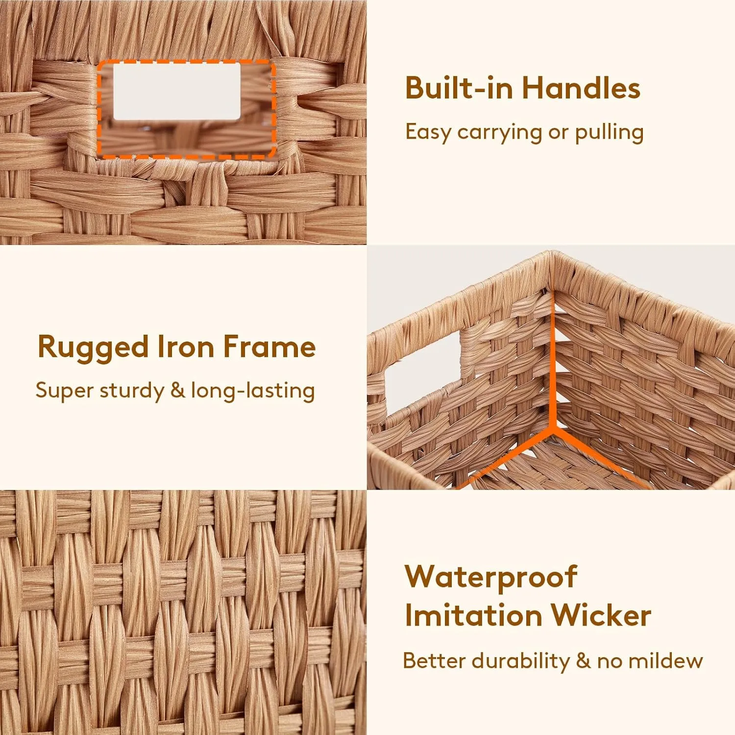 Lifewit Handwoven PP Wicker Storage Basket, Waterproof Imitation Rattan Basket with Built-in Handles, Rectangle Baskets for Organizing Shelves, Pantry, Burlywood, 2-Pack (Large Medium)