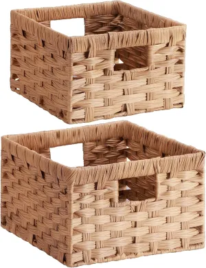 Lifewit Handwoven PP Wicker Storage Basket, Waterproof Imitation Rattan Basket with Built-in Handles, Rectangle Baskets for Organizing Shelves, Pantry, Burlywood, 2-Pack (Large Medium)