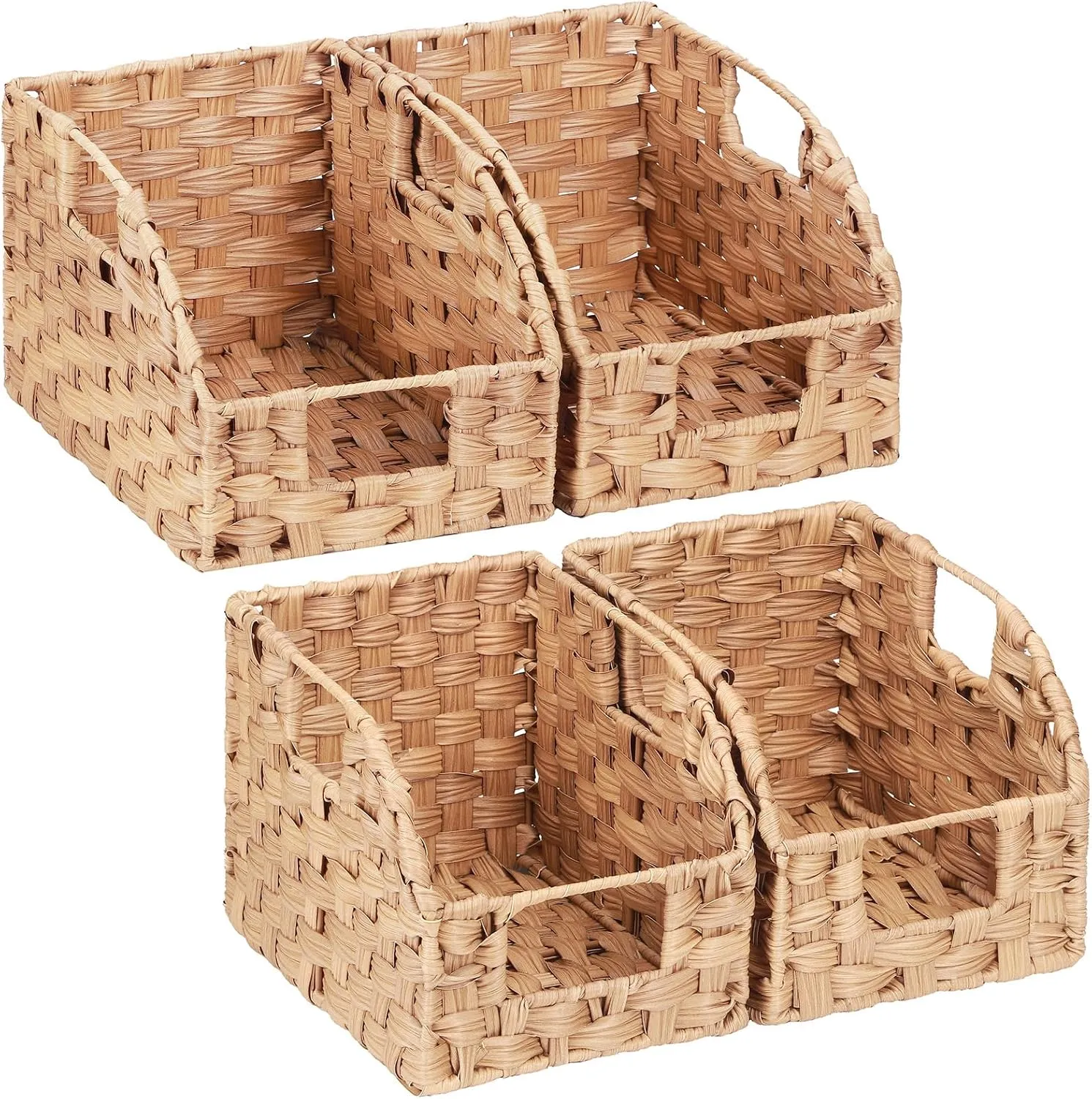 Lifewit Handwoven PP Wicker Storage Basket, Waterproof Imitation Rattan Basket with Built-in Handles, Trapezoid Baskets for Organizing Shelves, Pantry, Burlywood, 4-Pack